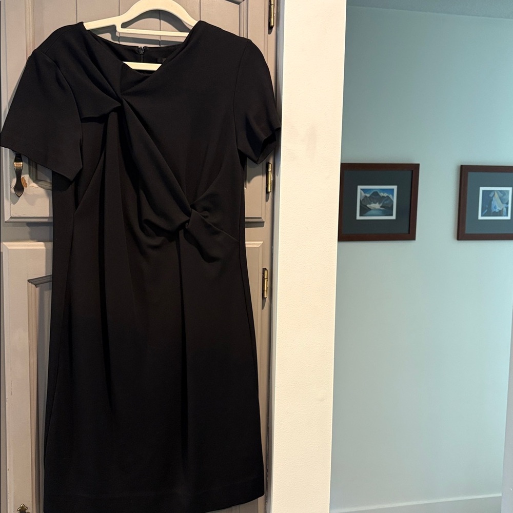 Cos Black twist neckline dress with a shift fit, midi hem, Size XS, knit fabric